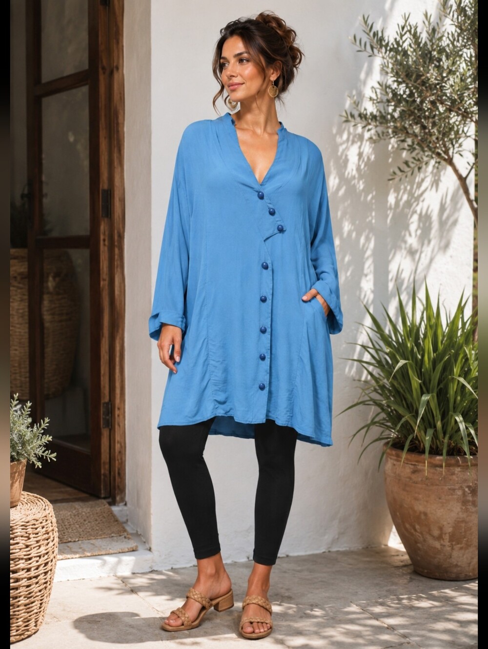 URU Turquoise Blue Long Silk Button-Up Kimono Tunic Duster Jacket NWT $520  #W8